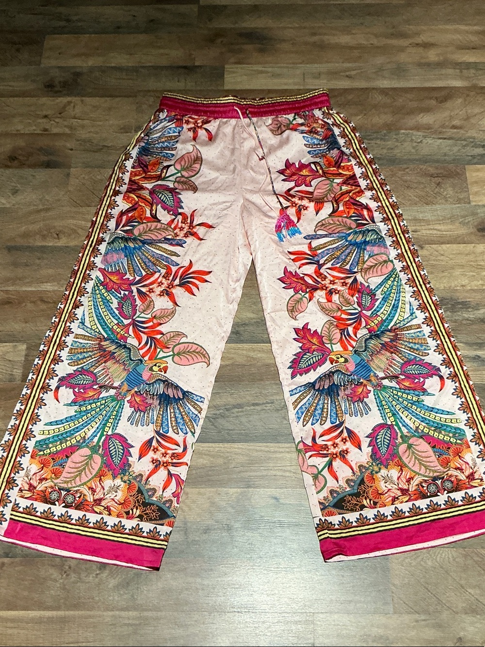 Rachel Zoe Pink Wide Leg Pants with Multicolor Bird & Floral Print